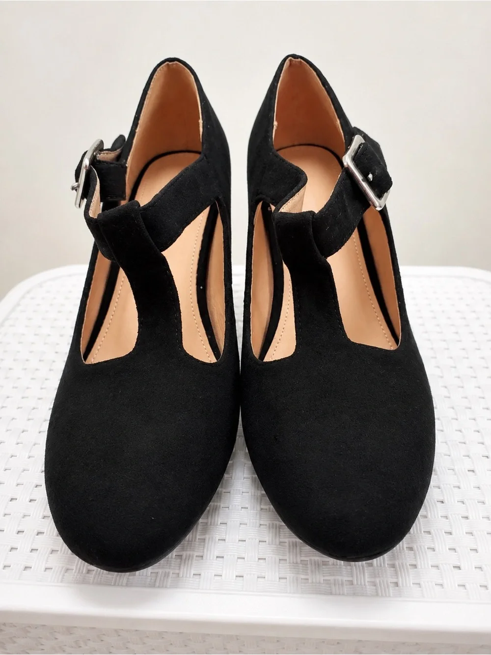 Black T-Strap Mary Jane Block Heel Pumps Size 41
